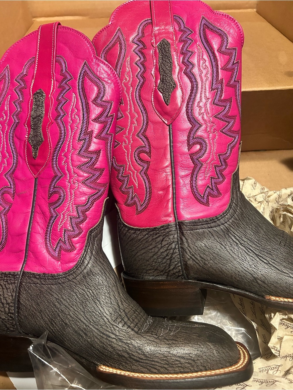 Lucchese Hot Pink and Black Western Heeled Boots